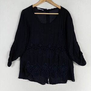 Made In Italy Top Blouse Small Navy Blue Embroidered Crochet Lace Boho Coastal